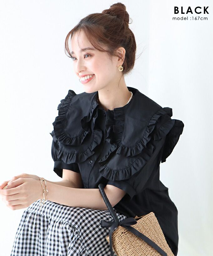 日本 BLUE EAST - 輕奢多層次荷葉大領短袖上衣-白