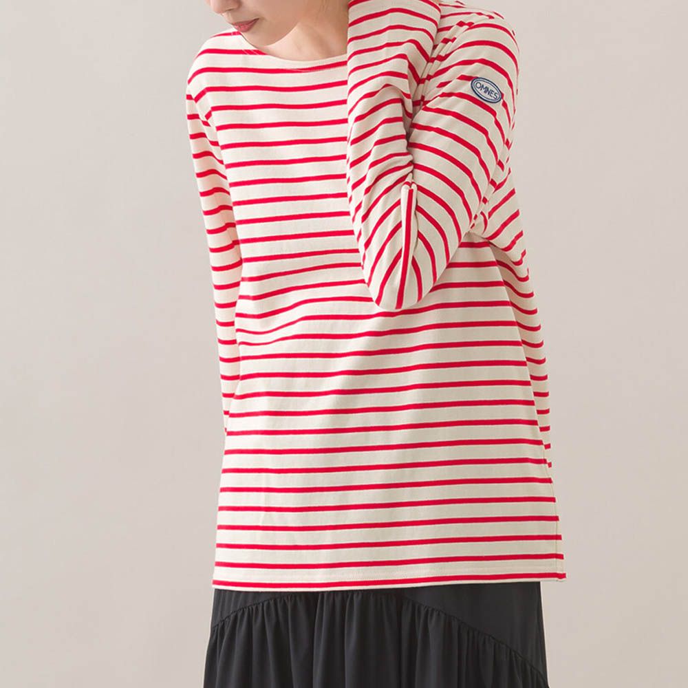 [必收款]100%棉 條紋船領長袖上衣-杏x紅