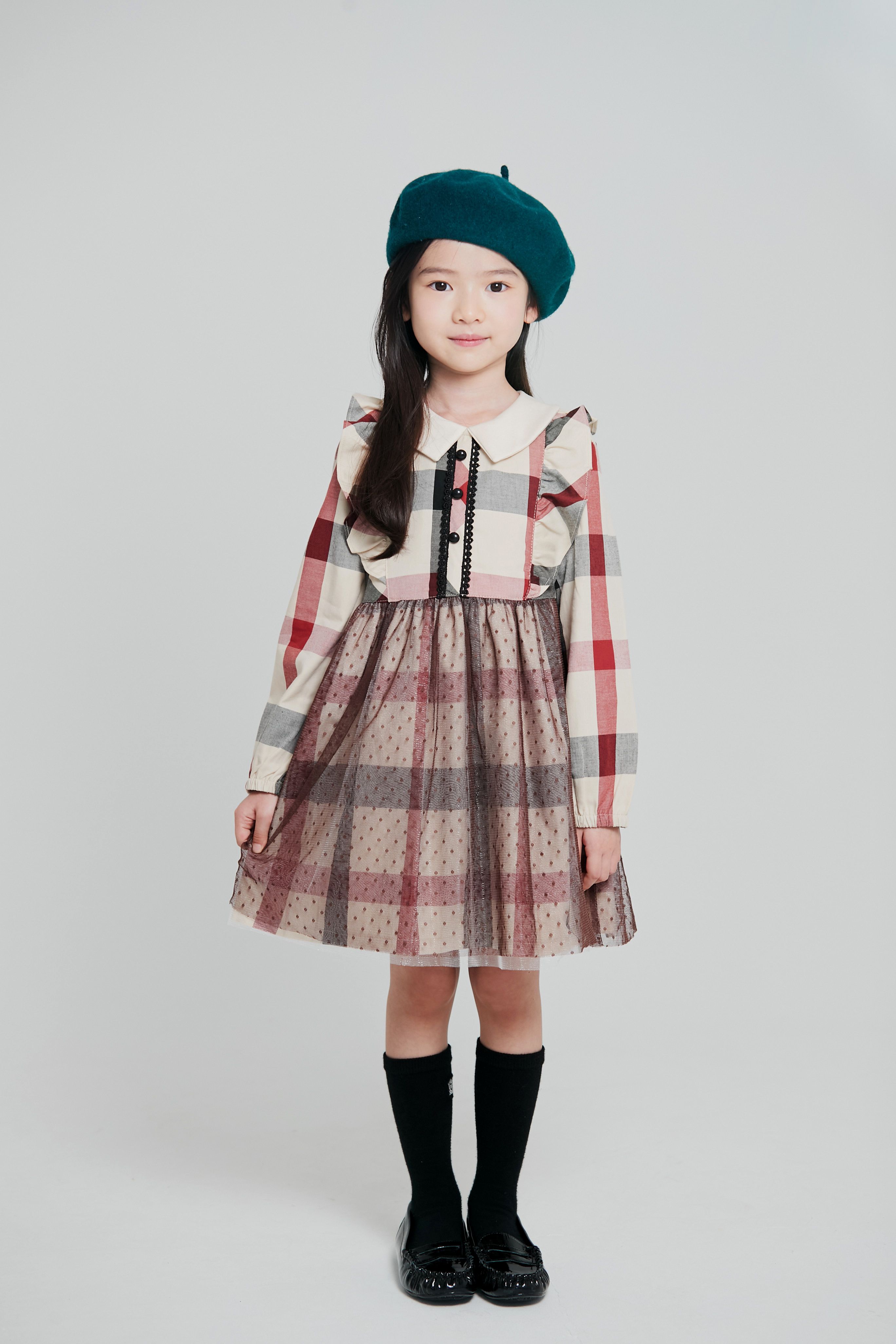 韓國 Coco Bang - 英倫格紋荷葉邊拼點點網紗洋裝