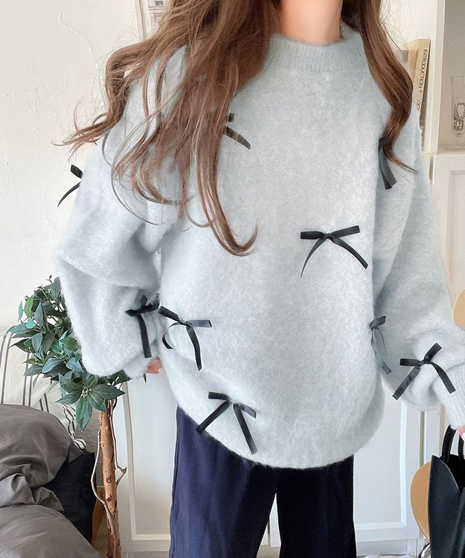 日本 Classical Elf - 甜美滿點 毛海蝴蝶結浪漫毛衣-深灰