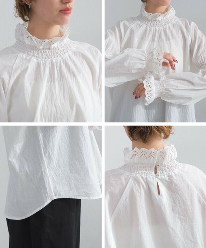 日本 Lupilien - 100%棉 典雅貝殼蕾絲宮廷長袖上衣-黑