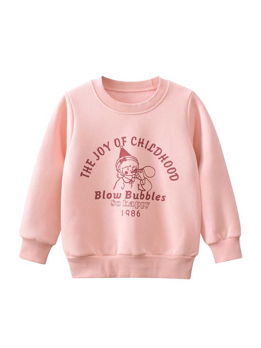 加絨圓領長袖上衣/大學T-泡泡女孩-粉色