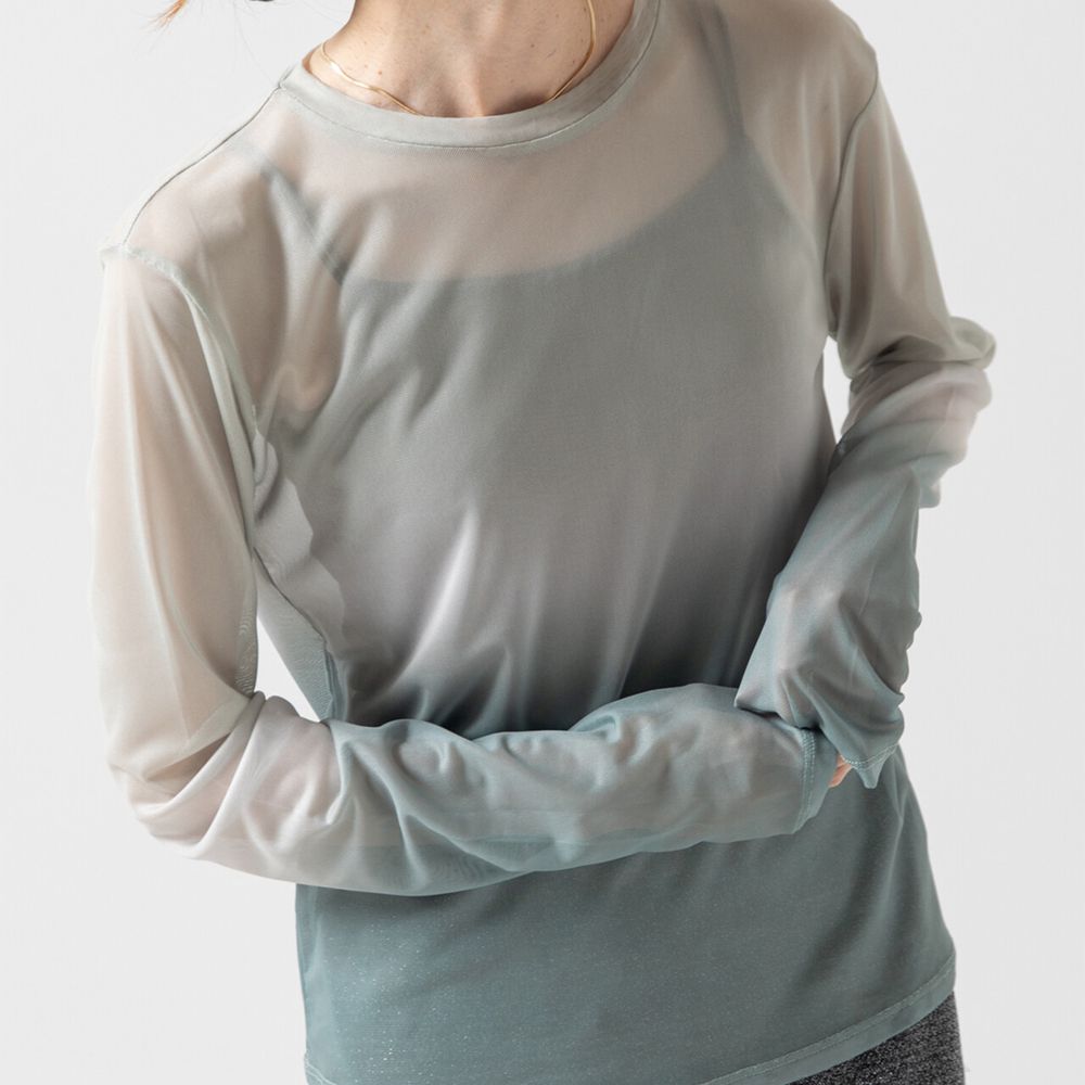 唯美漸層透膚圓領長袖上衣-杏x煙燻綠