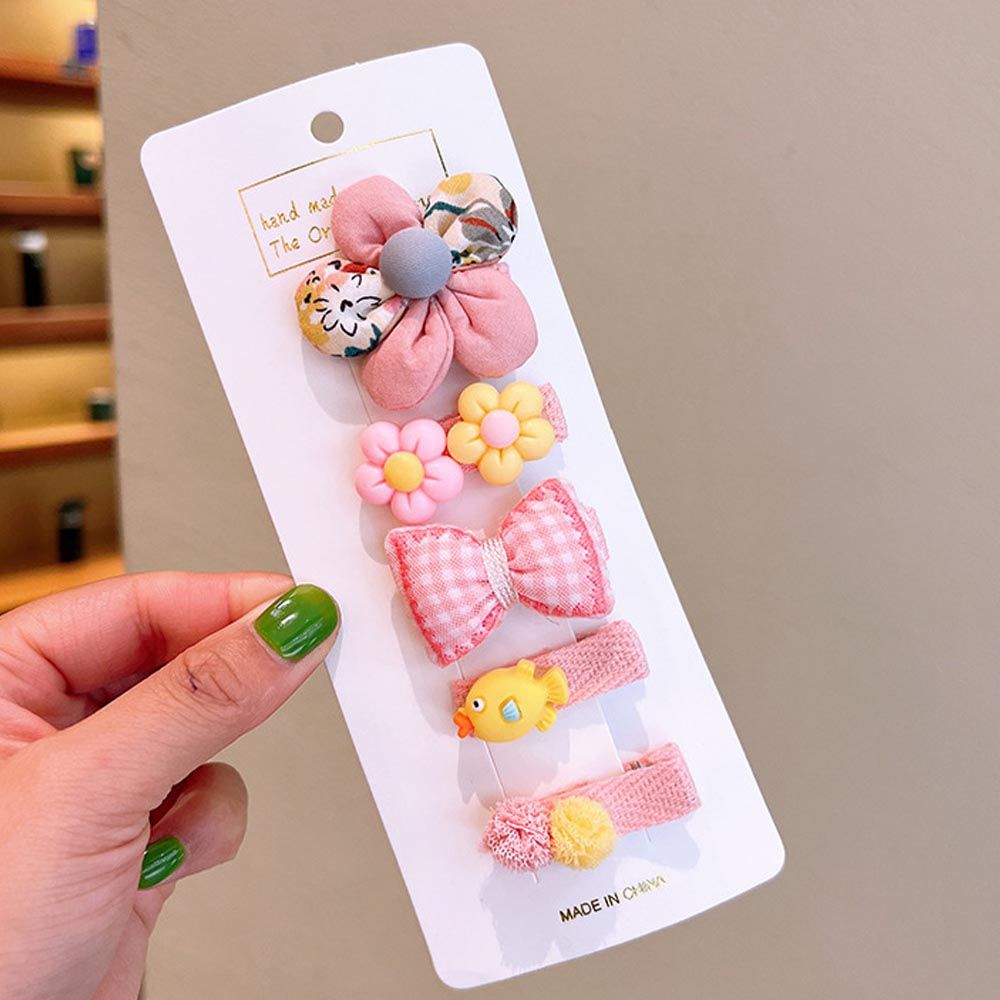 可愛全包布兒童髮夾5入組-花花+小金魚-粉色