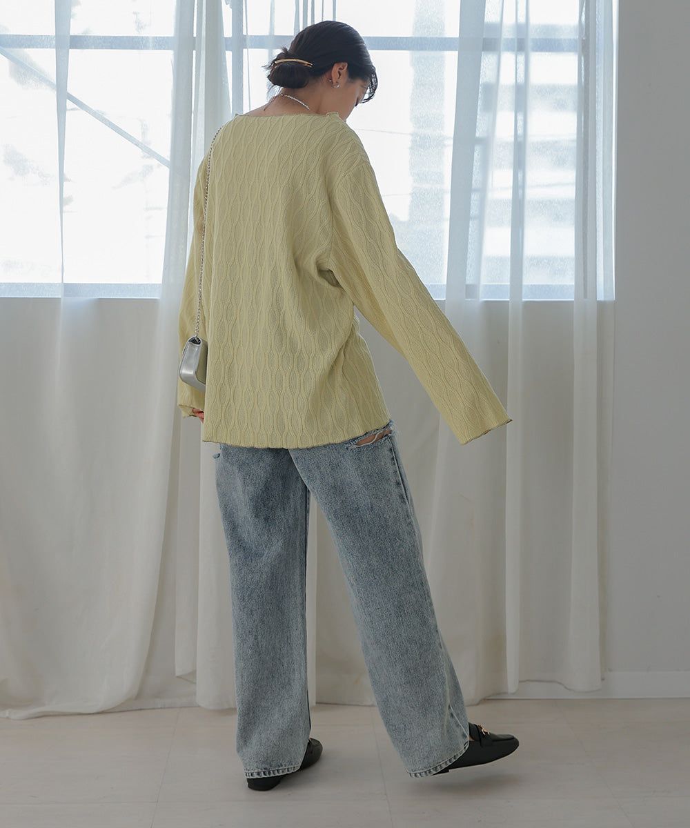 日本 Bab - 質感波紋薄長袖上衣-黑