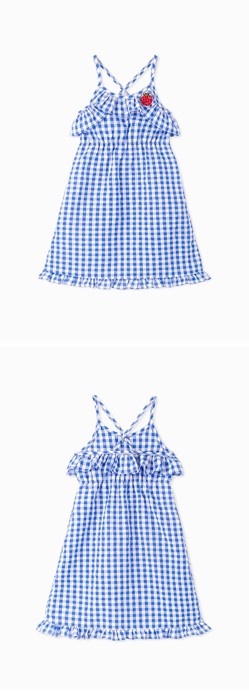 韓國 OZKIZ - 皺褶感格子細肩帶洋裝-藍