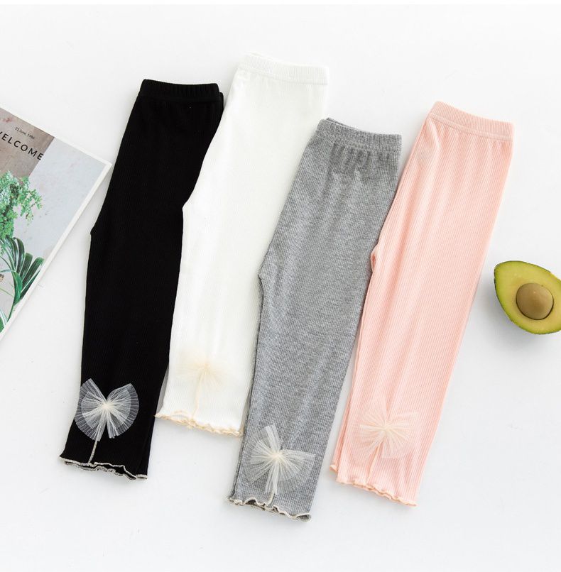 FANMOU - 莫代爾螺紋透氣七分內搭褲-扇貝蝴蝶結-灰色