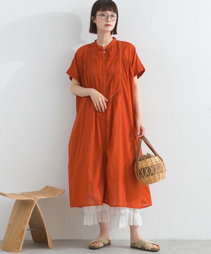 日本 Lupilien - 100%印度棉 細緻鏤空蝴蝶結短袖洋裝-復古綠