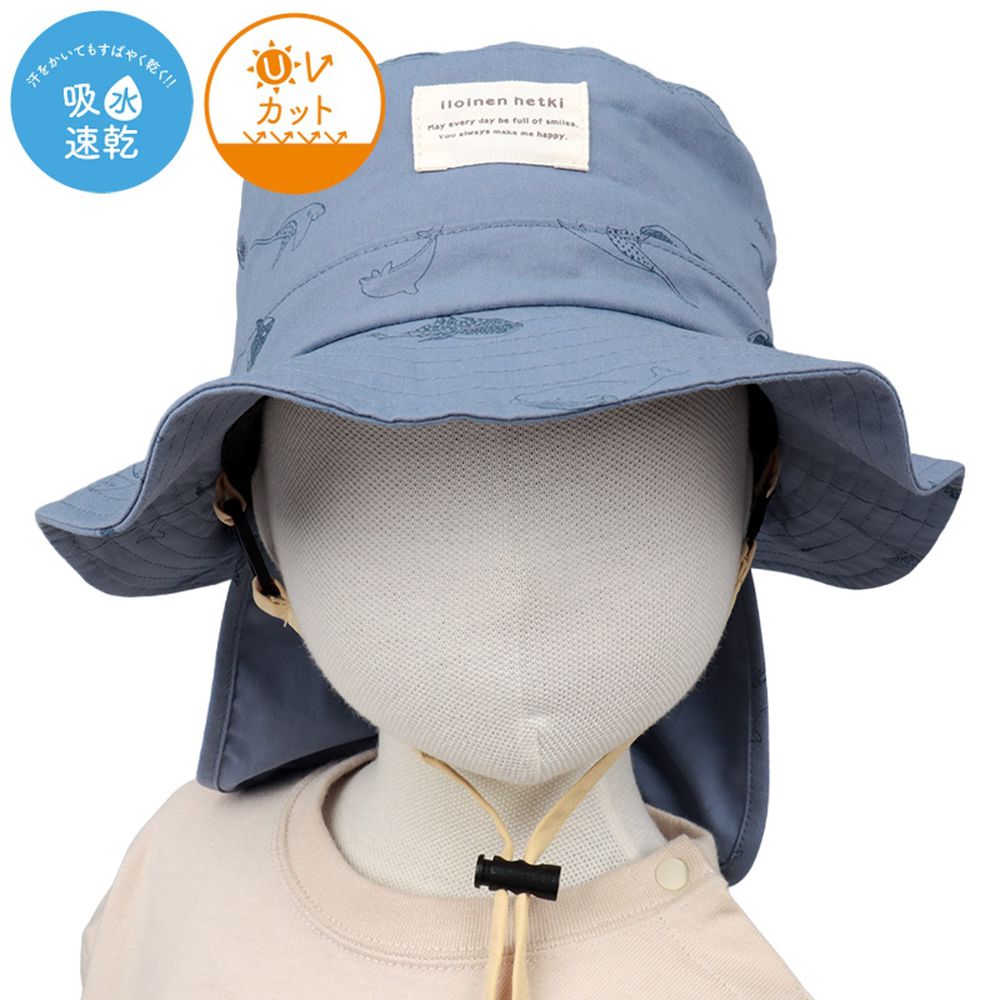 漁夫帽 附防曬遮陽布-滿版印花 吸水速乾-藍色