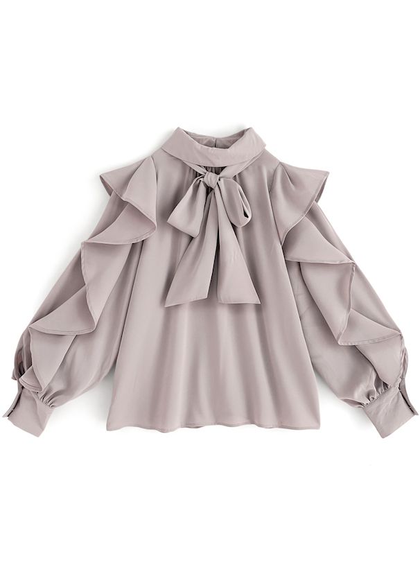 日本 GRL - 低調光澤蝴蝶結長袖上衣-煙燻粉 (F)