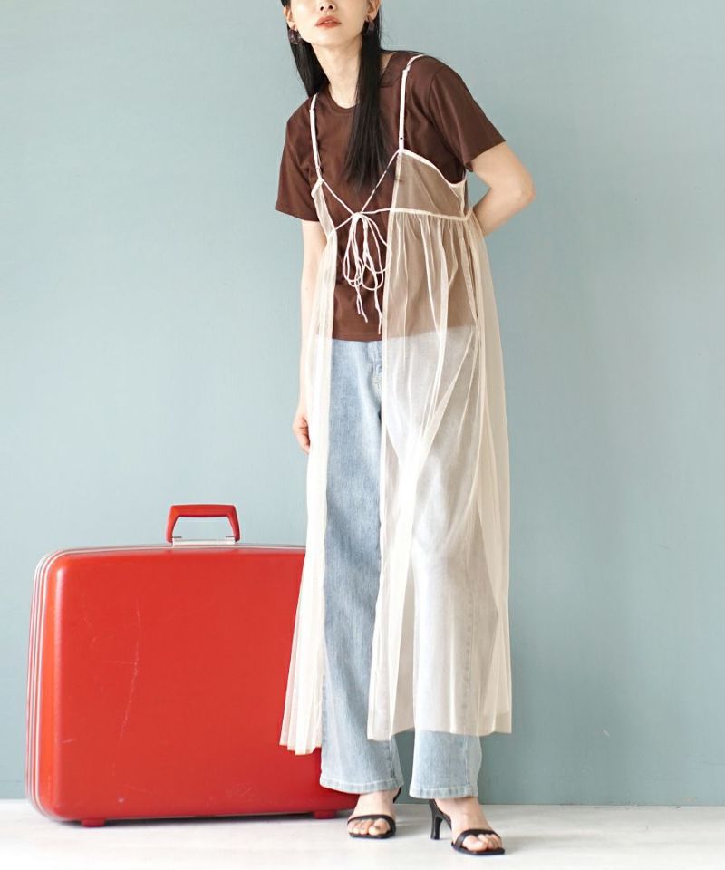 日本 zootie - 2WAY透膚薄紗外罩吊帶洋裝-米杏