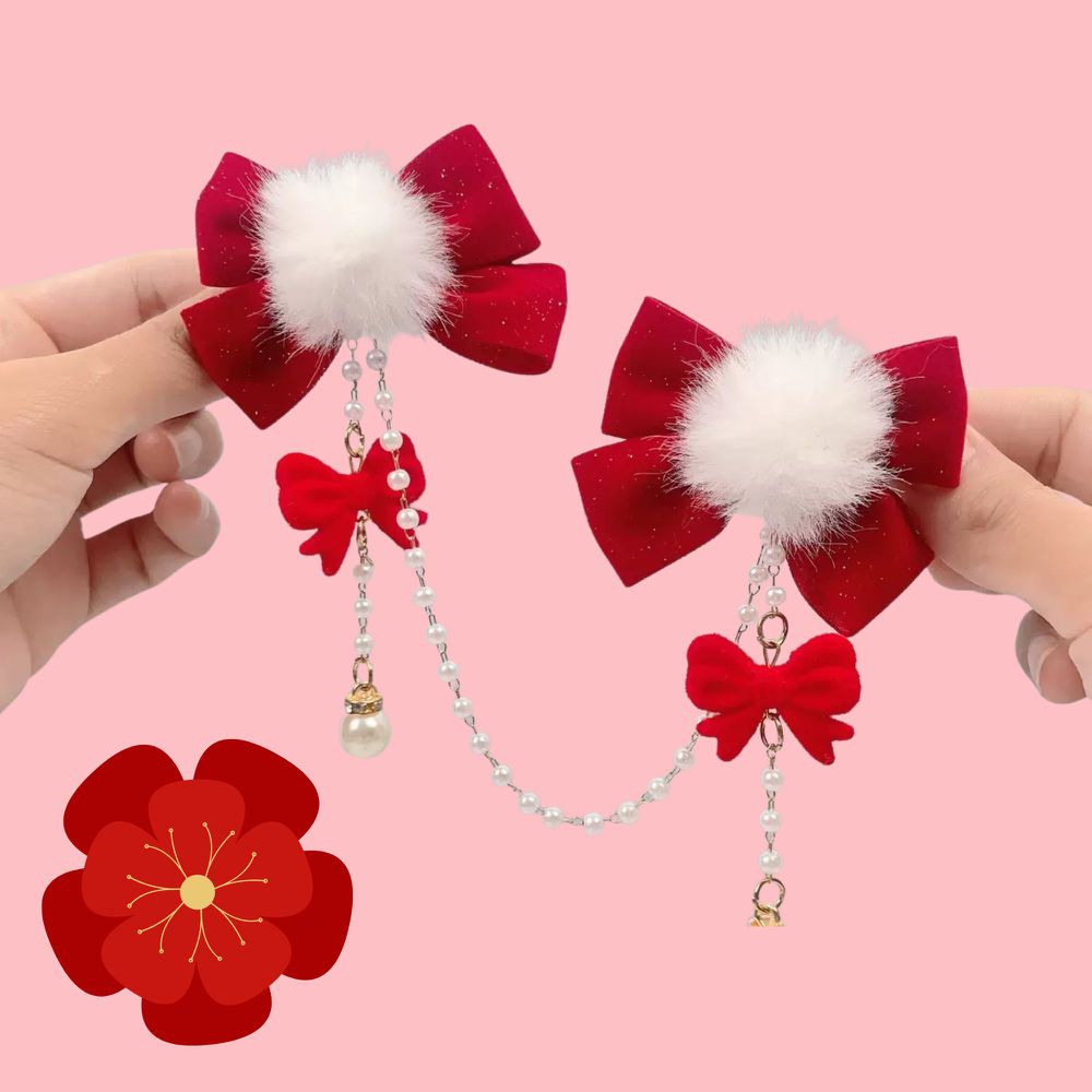 新年拜年毛球紅絲絨蝴蝶結相連珍珠鏈對夾髮飾