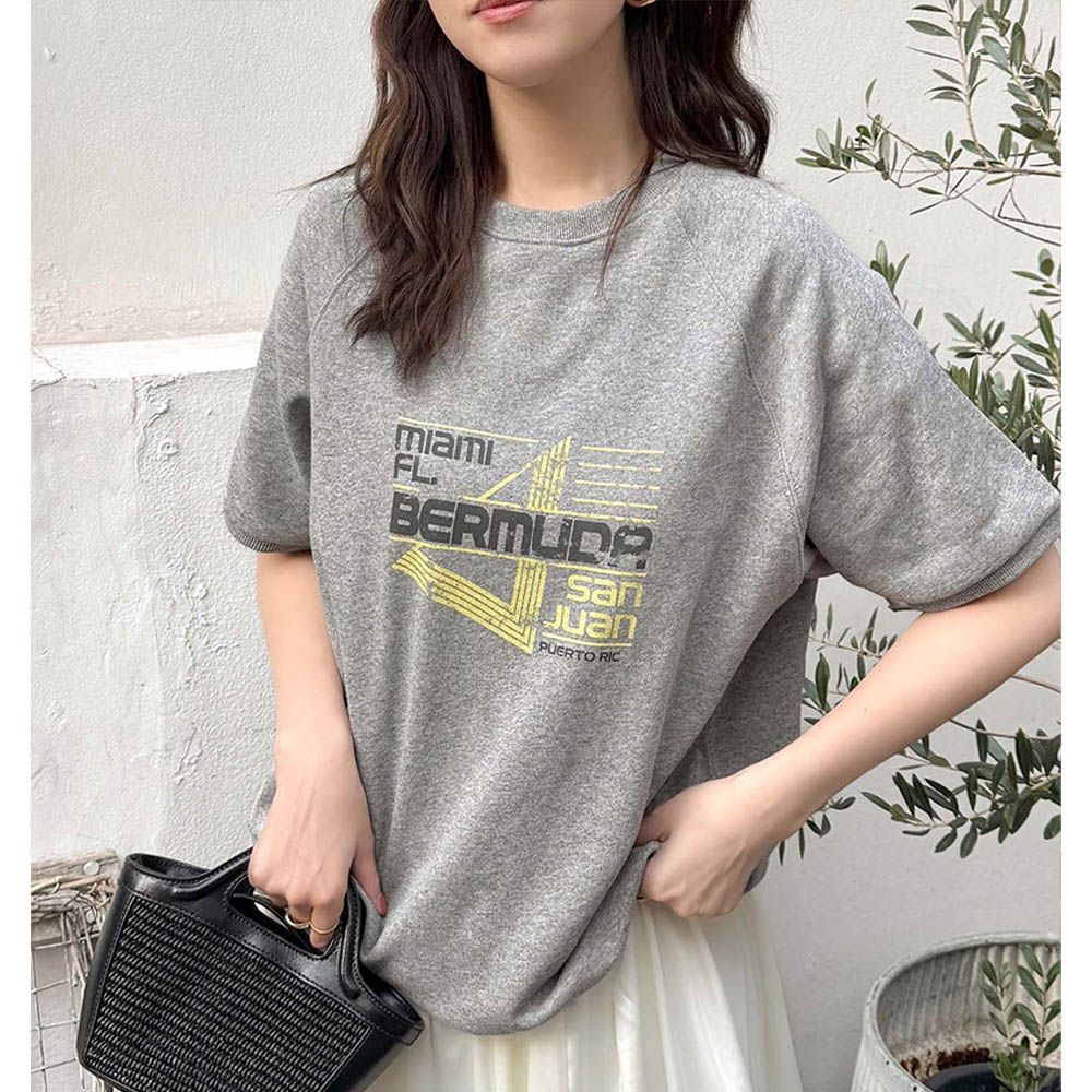 前後2way復古標語印花五分袖上衣-淺灰