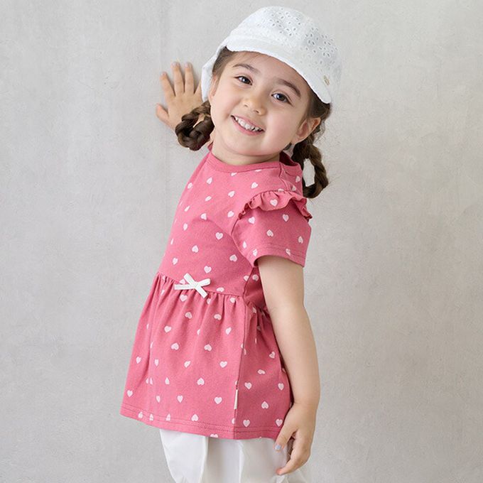 日本 petit main - 荷葉袖傘狀層次短袖上衣-條紋-紫x白