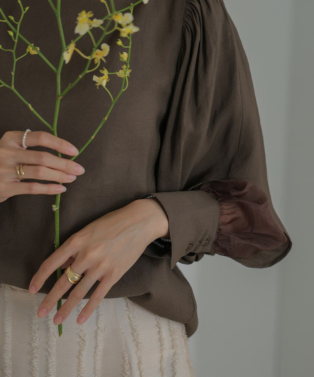 日本 Bab - 柔美紗拼接袖雪紡上衣-深可可