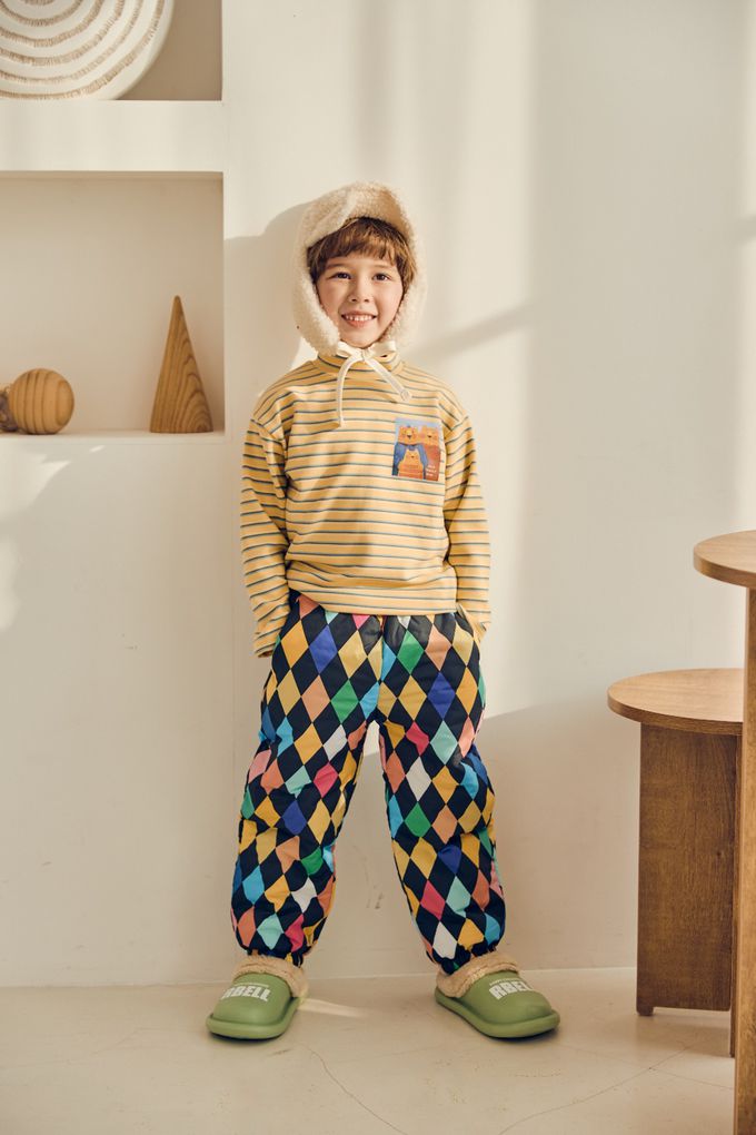 韓國 Mimico - 小領條紋長袖上衣-熊家族合照-黃X藍