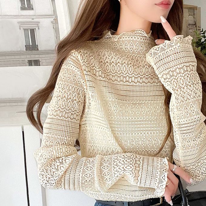 日本 Classical Elf - 鏤空蕾絲木耳邊小高領長袖上衣-黑