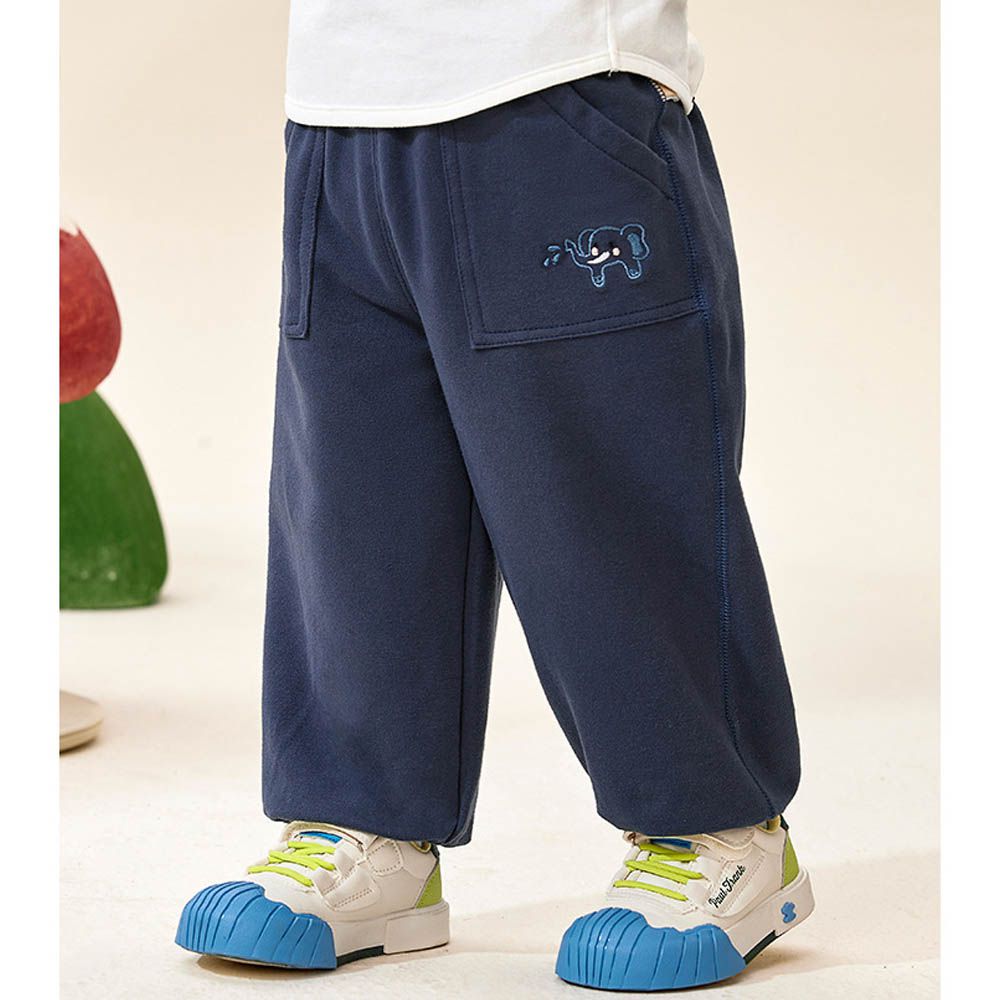 腰鬆緊運動休閒長褲-大象刺繡-藏青