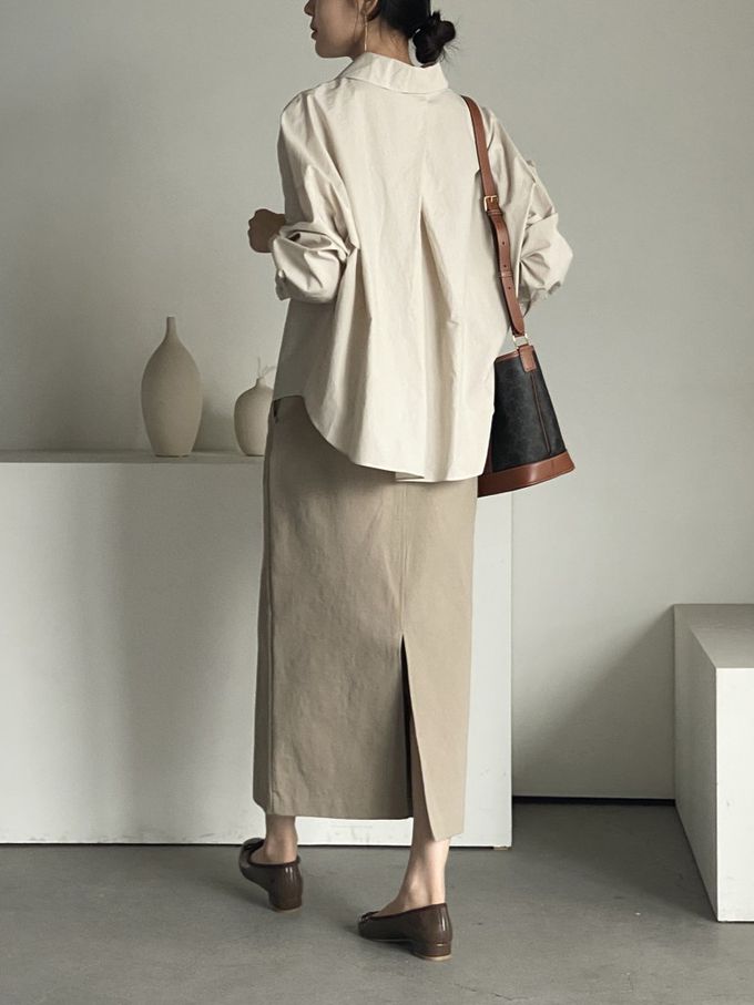 韓國女裝連線 - 知性背後抓褶翻領長袖襯衫-米杏 (FREE)