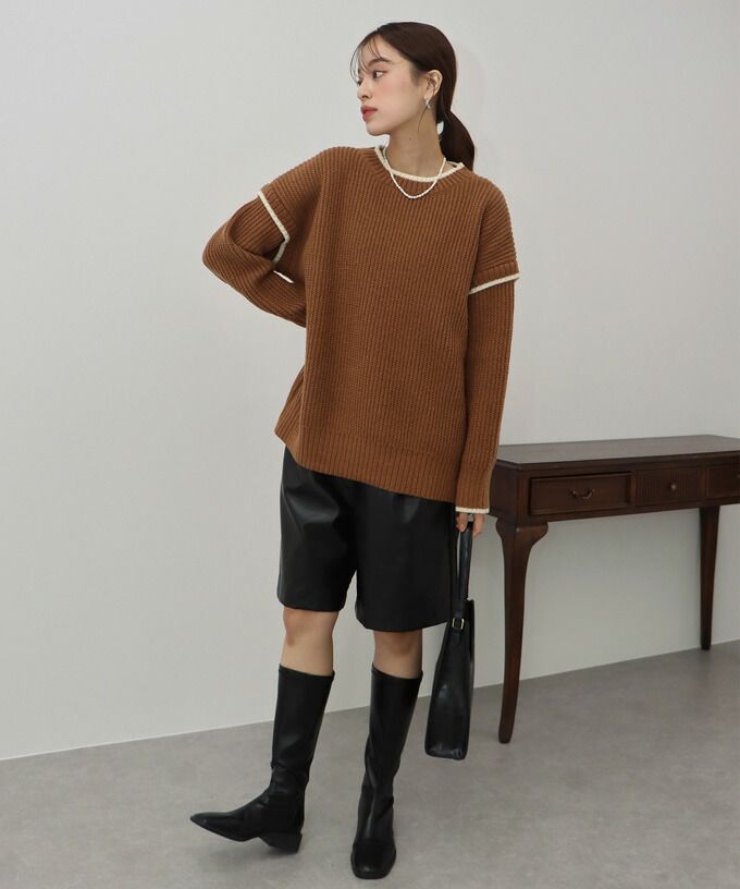 日本 BLUE EAST - 撞色滾邊落肩針織毛衣-米白