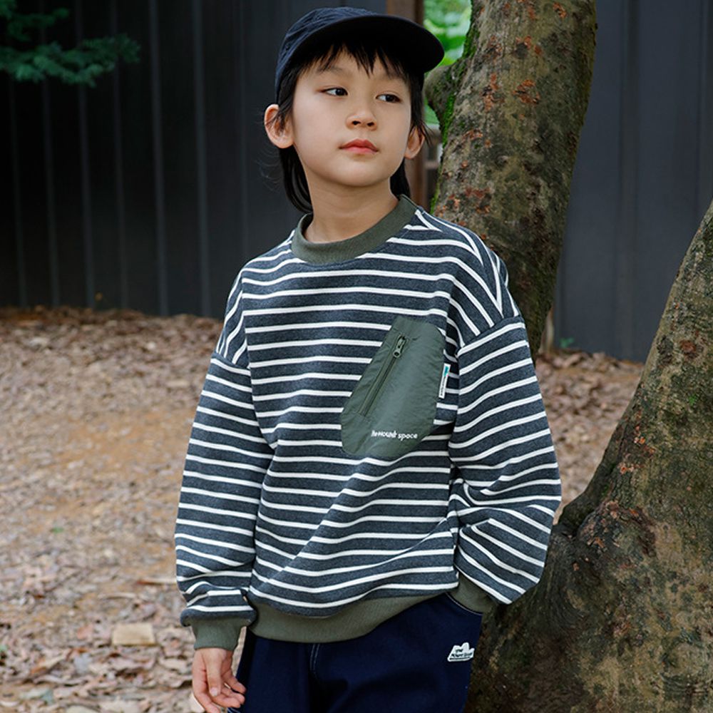 保暖加絨口袋拼接長袖上衣/大學T-灰綠條紋