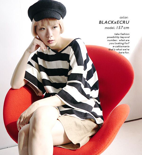 日本 zootie - 百搭顯瘦V領五分袖粗條紋上衣-深藍灰