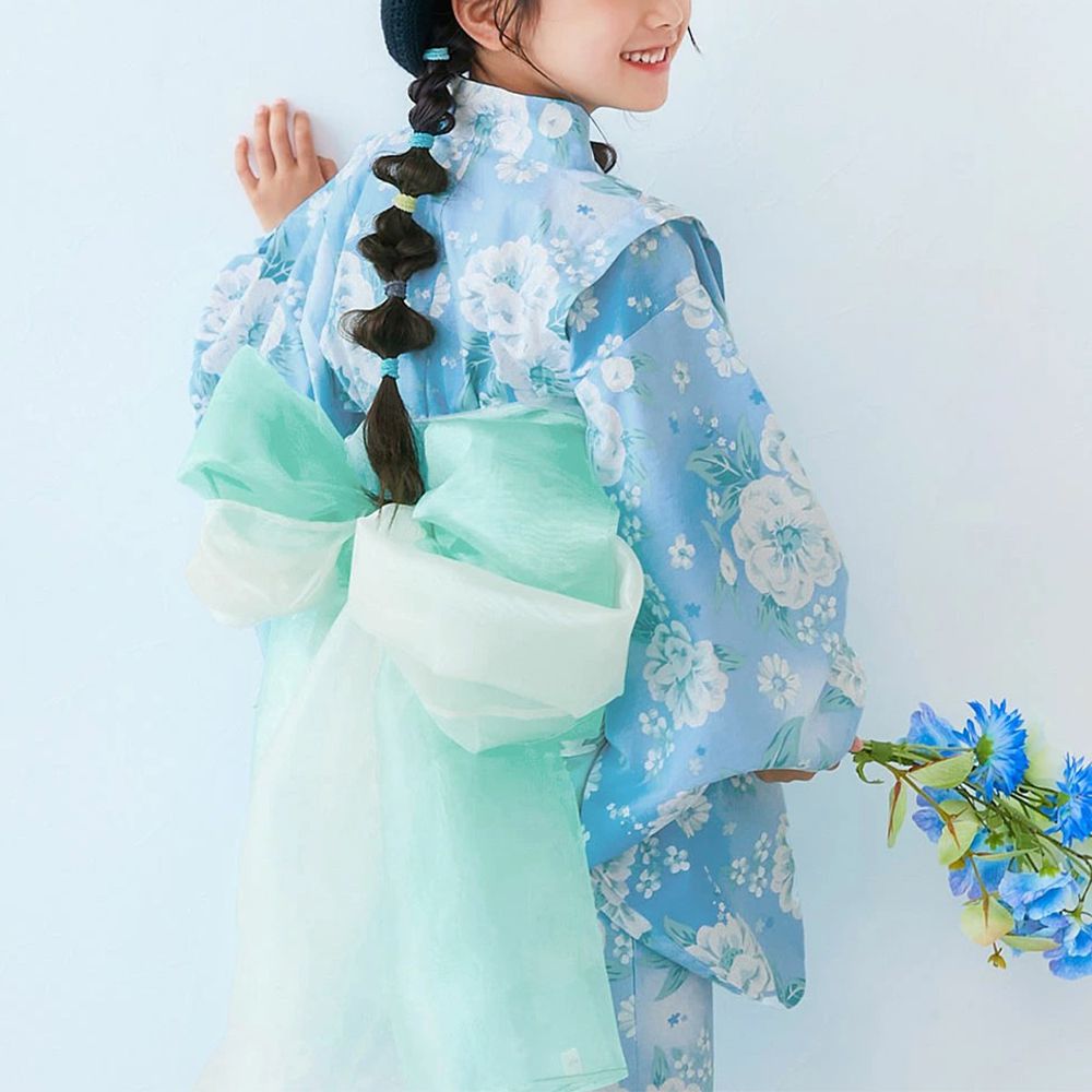 純棉 2way穿搭華麗浴衣洋裝(4件組)-潔白牡丹-水藍