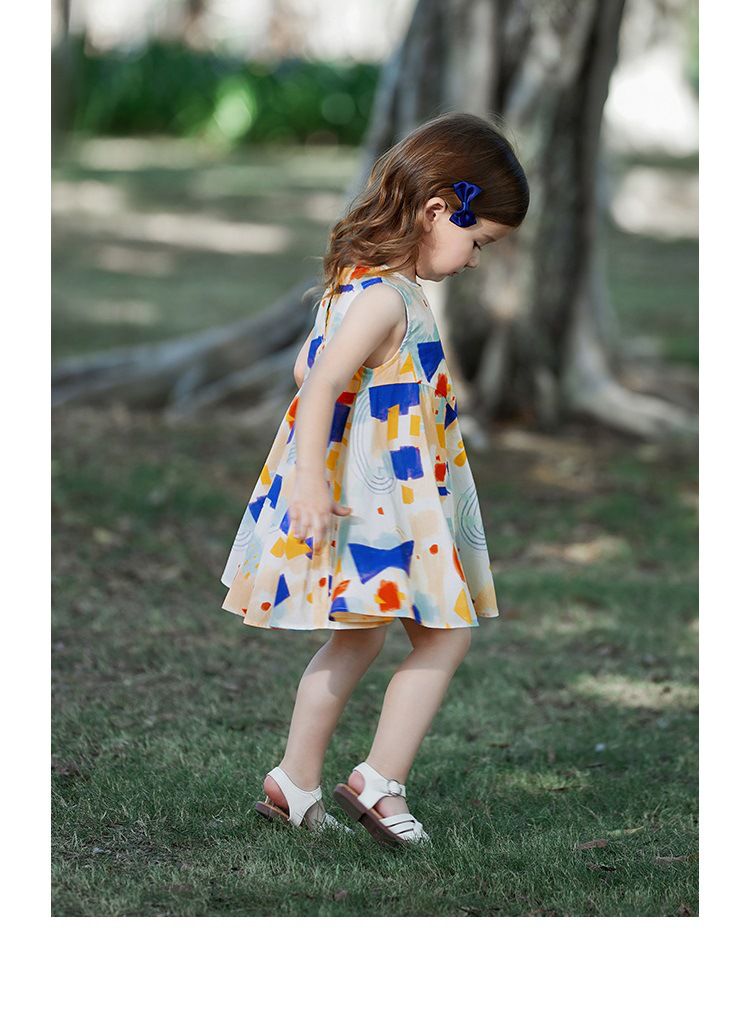 純棉油畫風無袖連身洋裝-拼色幾何-杏色
