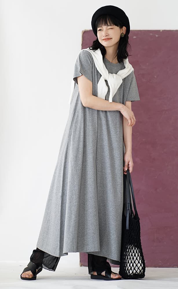 日本 zootie - 抗透汗 休閒短袖傘狀長洋裝-灰杏