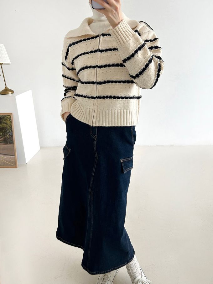 韓國女裝連線 - 勾線條紋針織翻領外套-黑底X米白 (FREE)