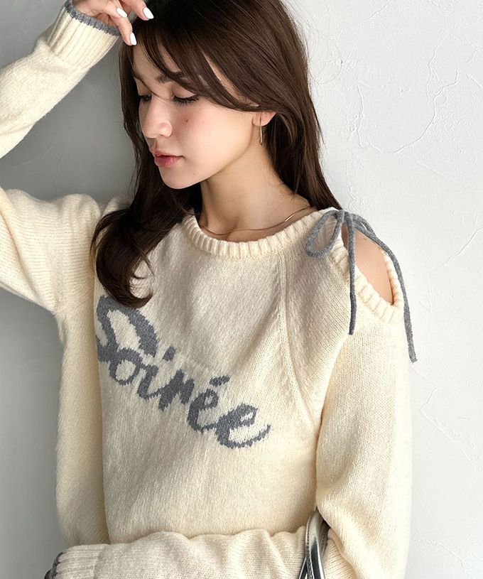 日本 Classical Elf - mily bilet 露肩綁帶唯美文字針織上衣-象牙