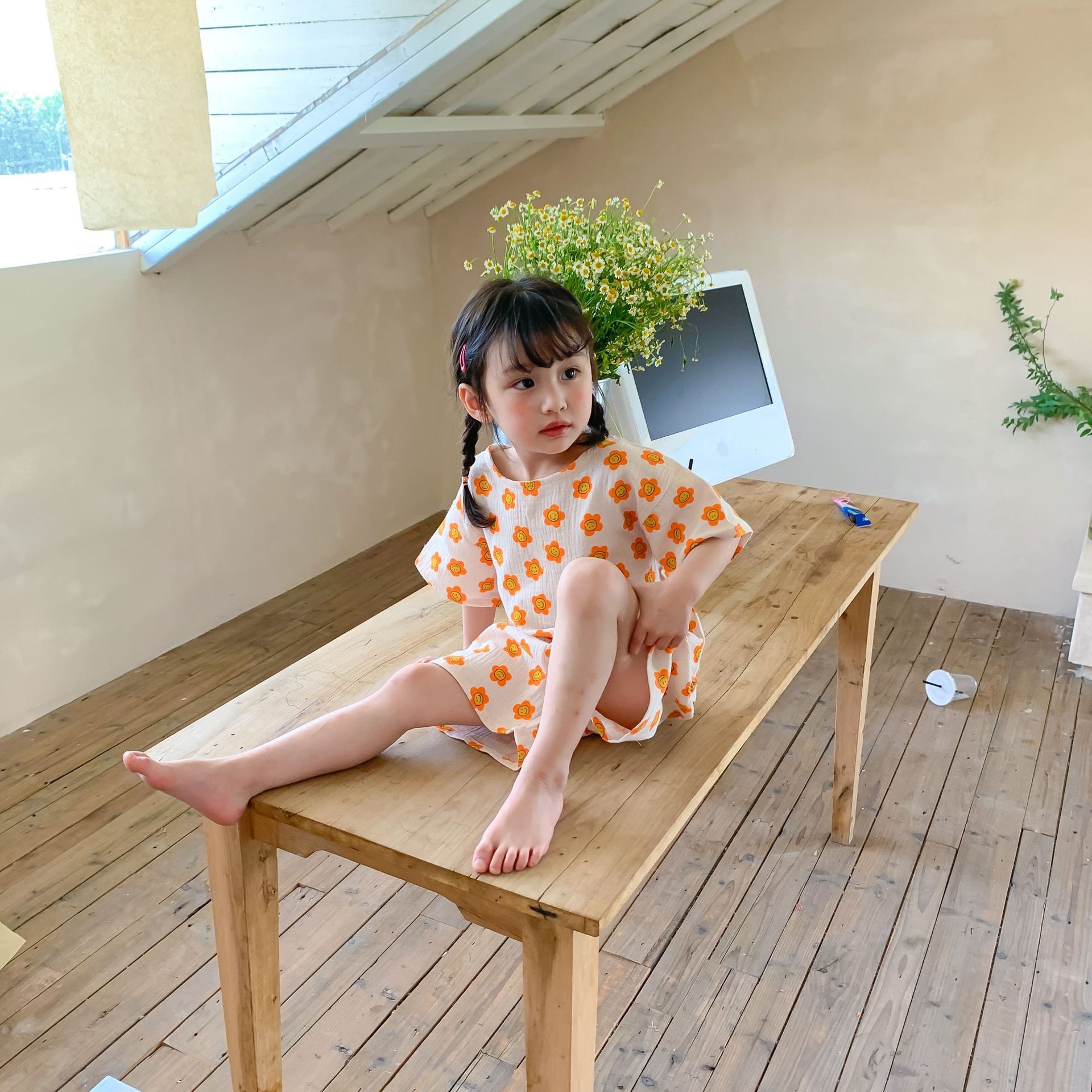 紗布棉短袖家居服套裝-小碎花-奶油色