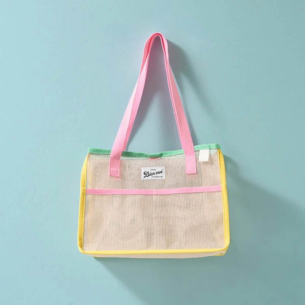 粉嫩配色網格玩水包/游泳包-黃x粉紅 (26.5x35x20.5cm)