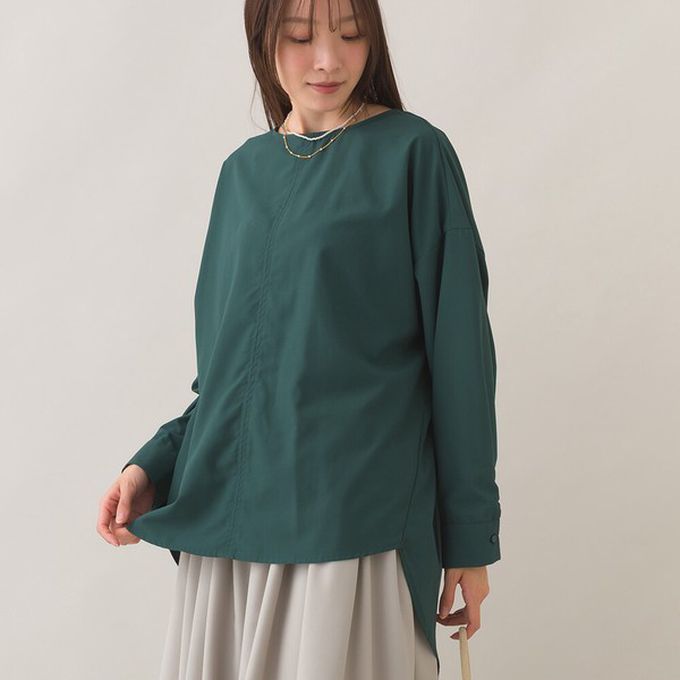 日本 OMNES - 圓弧優雅前短後長修身船領長袖上衣-黑