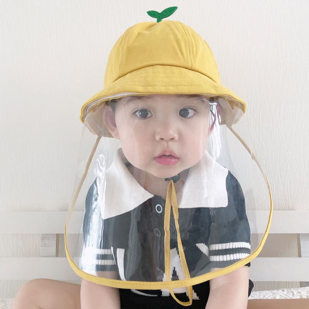 兒童防飛沫面罩遮陽漁夫帽-萌芽小草-黃色 (52cm)-面罩可拆