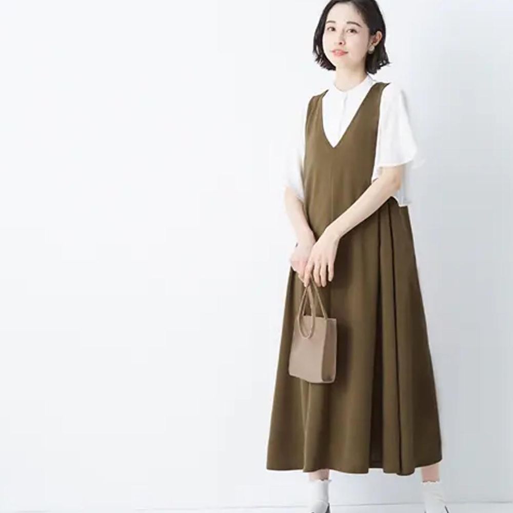 日本 BELLUNA - 防曬涼感 傘狀修身V領無袖連身裙-軍綠