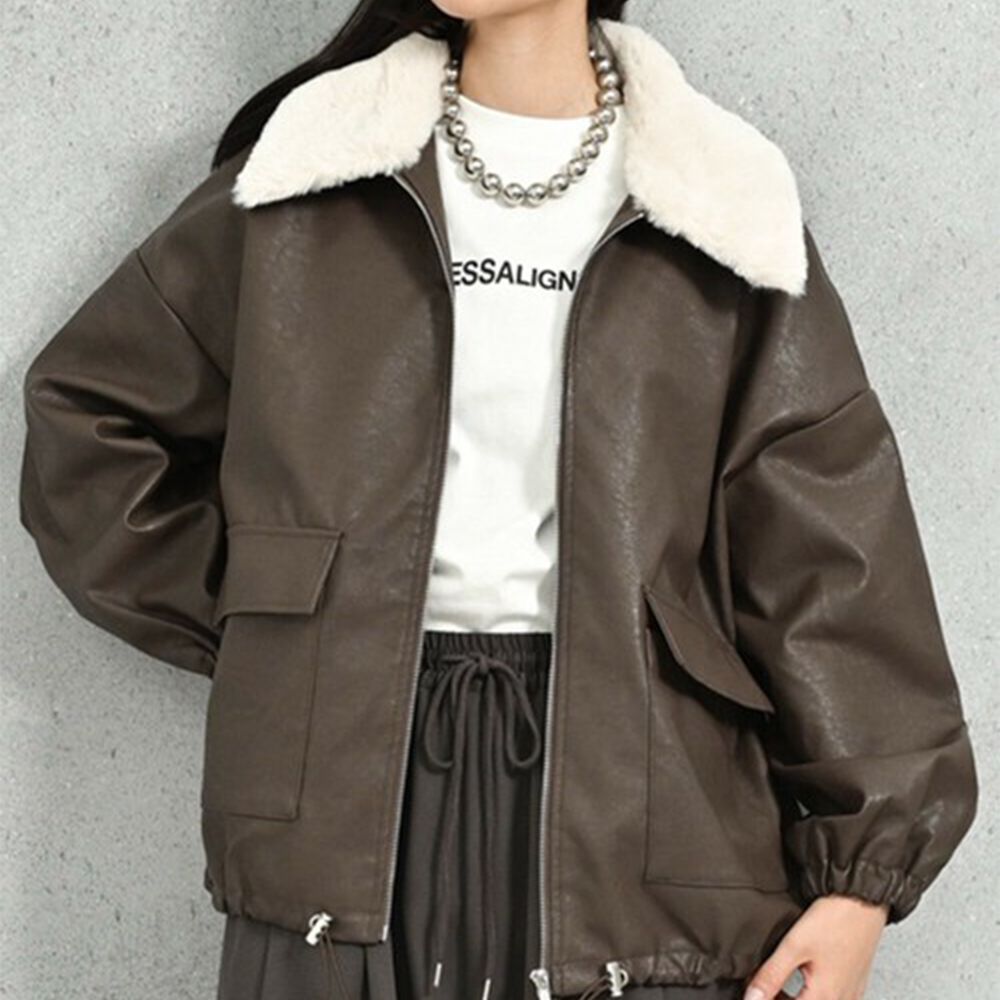 2way毛領質感仿皮俐落夾克外套-深咖啡