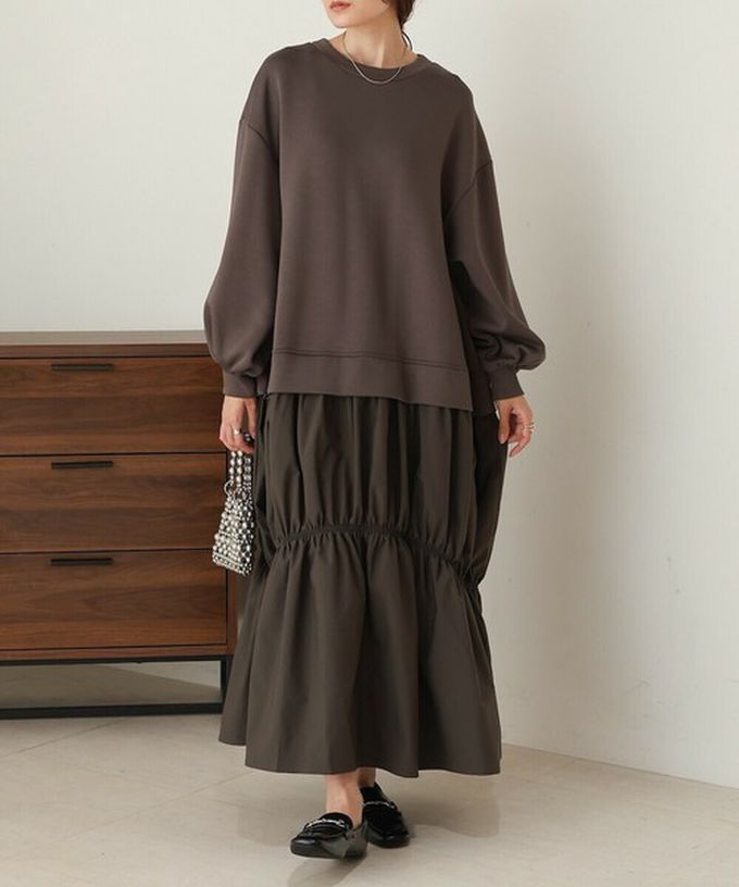 日本 Bab - 柔美造型皺摺拼接長袖洋裝-淺杏