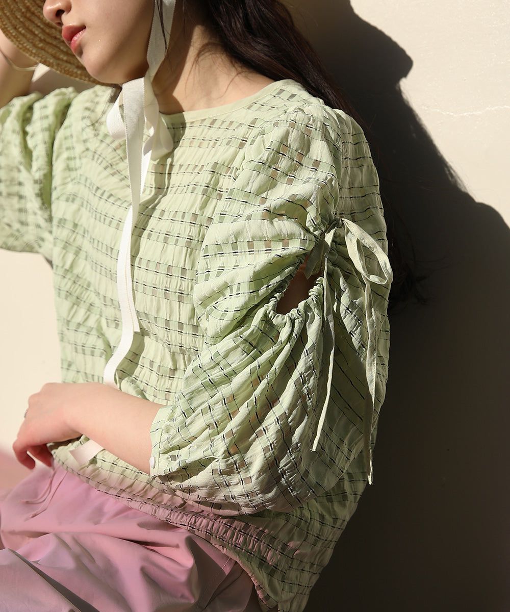 日本 Bab - 甜美格紋抽繩澎澎袖上衣-米杏