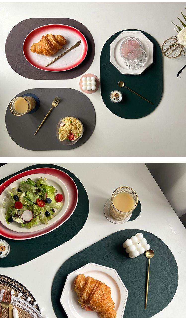 仿皮革橢圓形餐墊-雙色款-橘棕X黑 (43.5cm*30cm)