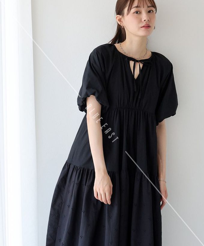 日本 BLUE EAST - 100%棉 下擺精緻蕾絲泡泡短袖洋裝-白