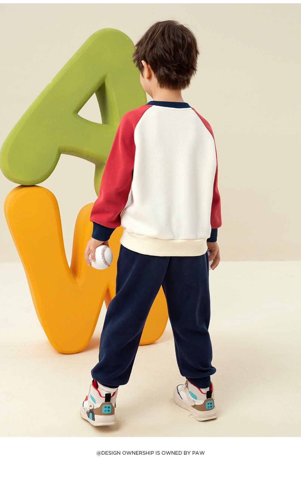 卡通汪汪隊圓領拼色長袖套裝-卡通人物阿奇-黃+深藍