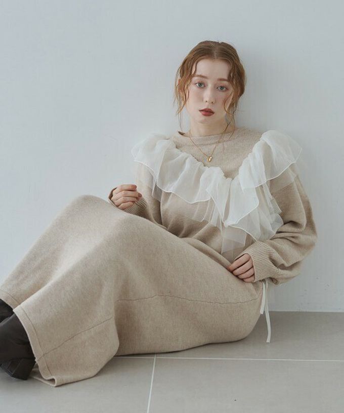 日本 Bab - 交叉薄紗荷葉柔美針織長袖洋裝-咖啡