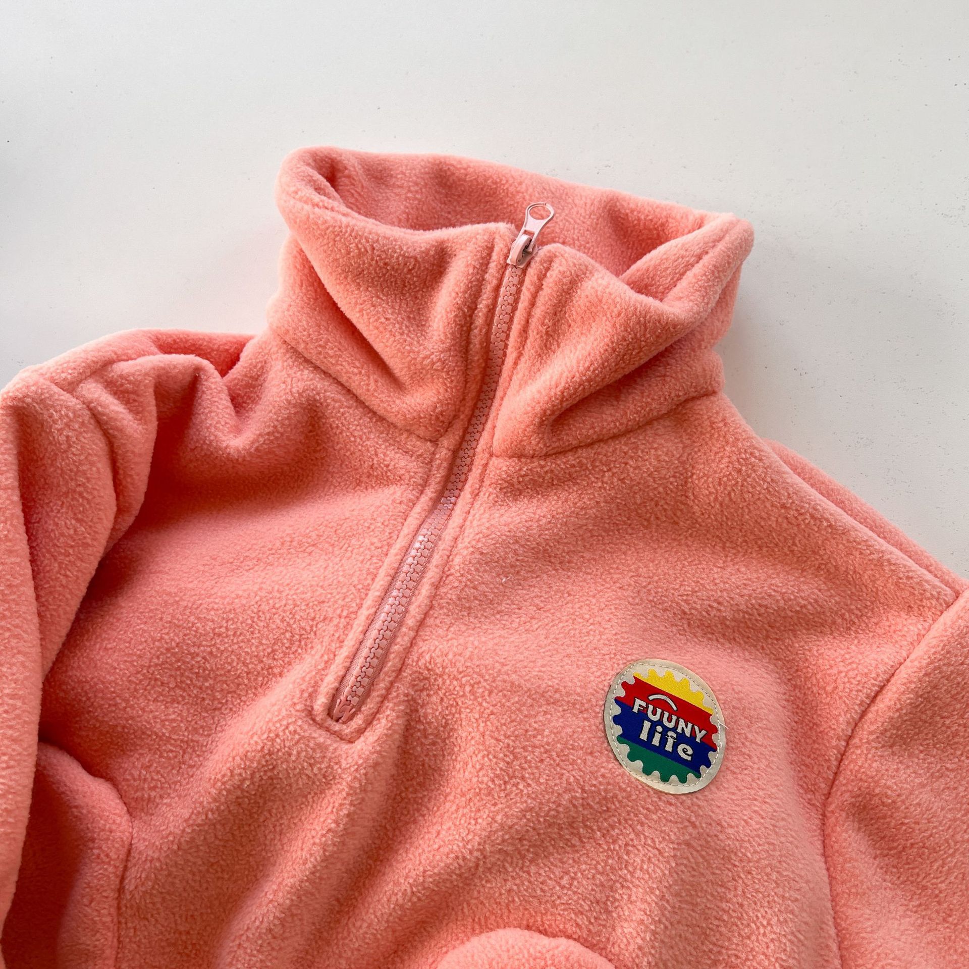 搖粒絨拉鍊休閒套裝-粉橘色