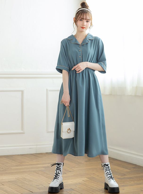 日本 GRL - 復古滾邊翻領收腰短袖洋裝-綠松石