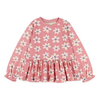 日本西松屋 - 荷葉衣襬滿版印花長袖上衣-花朵-粉紅