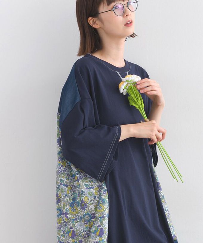 日本 Lupilien - 異素材花朵拼布清新五分袖洋裝-黑