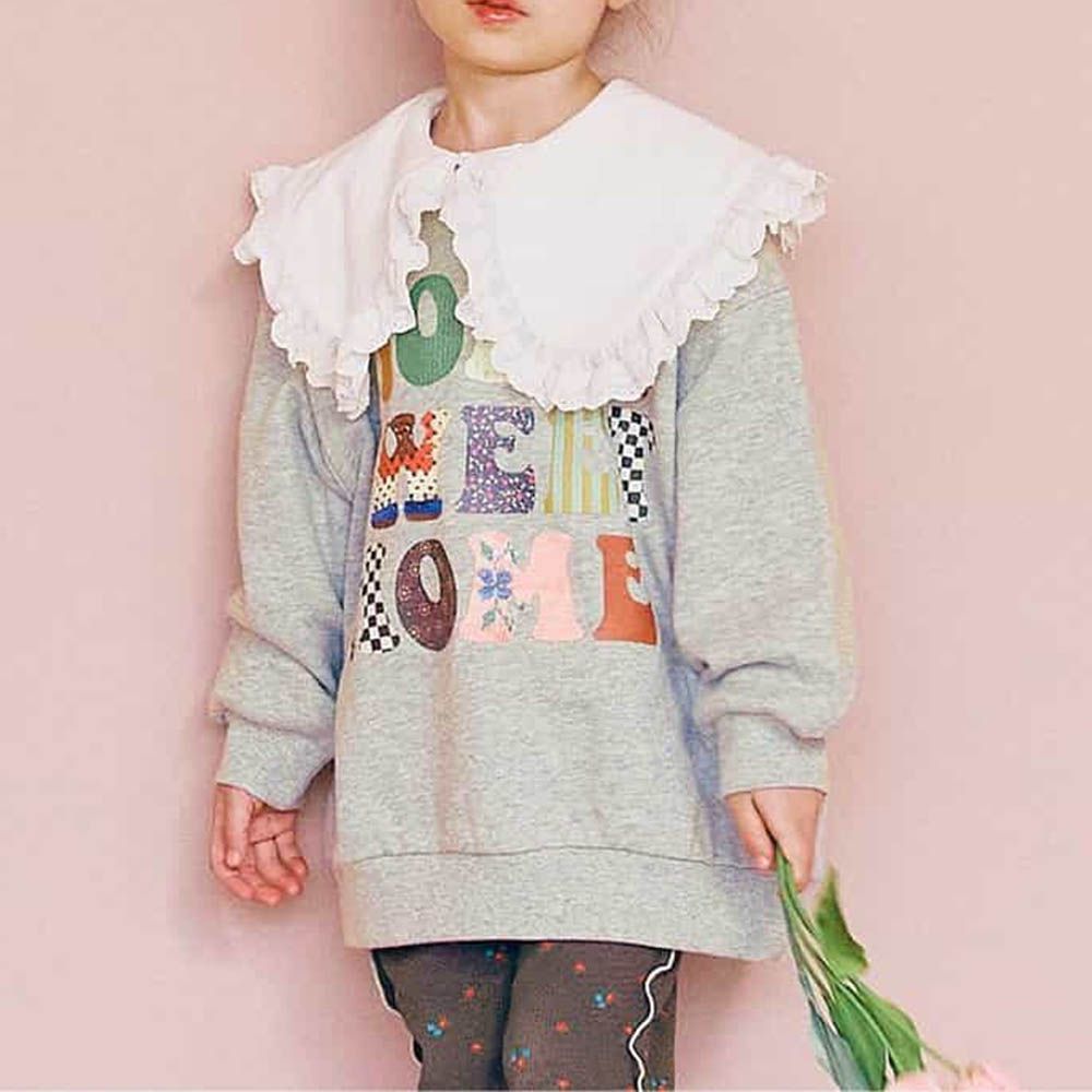 100%棉 英文LOGO印花縮口長袖上衣-灰