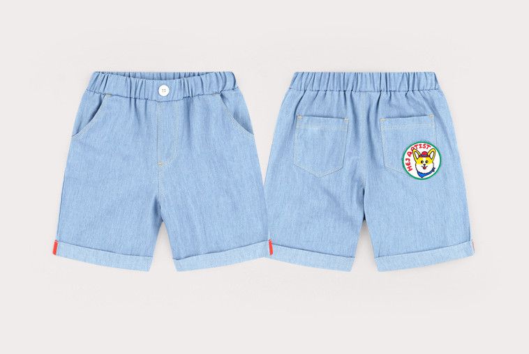 韓國 HEJMINI - 柯基徽章鬆緊腰反折短褲-牛仔藍