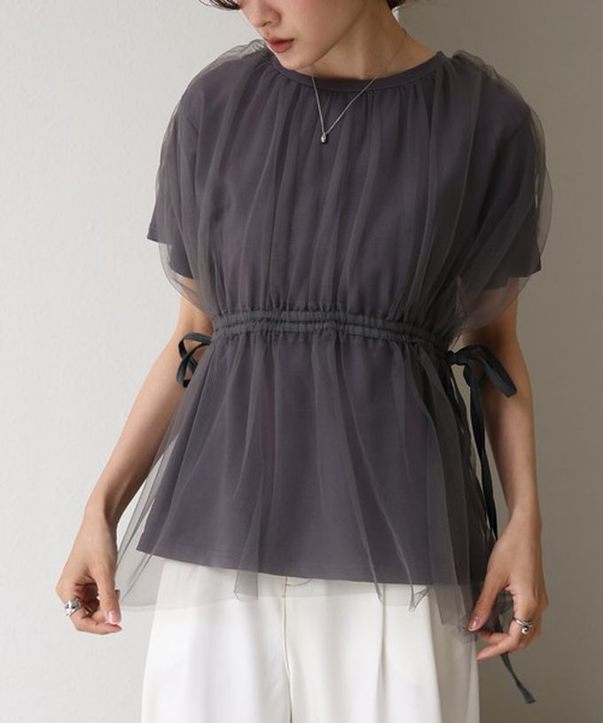 日本 Bab - 仙氣皺摺薄紗 腰綁帶短袖上衣-淺灰